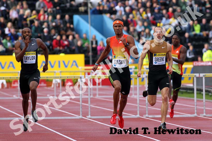 Javier Culson leads David Greene and Angela Taylor off the final barrier in the 400 metres hurdles, 2012 Samsung Diamond League, Crystal Palace, London.